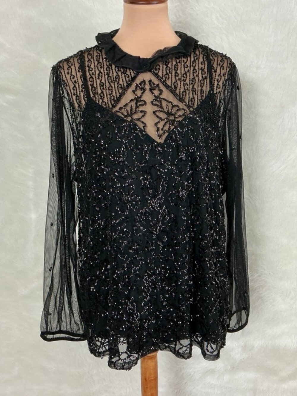 Soft Surroundings Sheer Black Mesh Ruffle Collar Sequin Beaded Blouse NWOT 2X